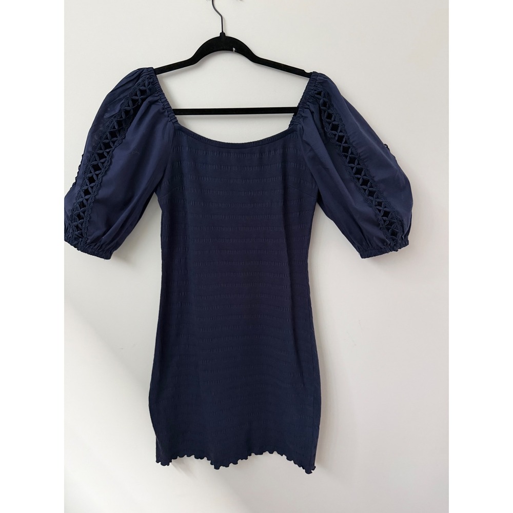 Betsey Johnson Navy Mini Dress Small Puff Sleeve Openwork Detail Stretch
